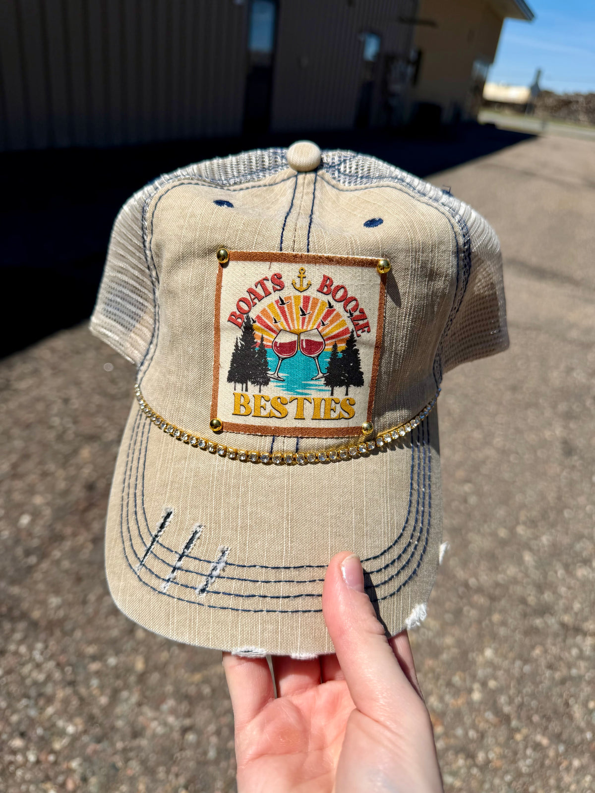 "Boats, Booze & Besties" Distressed Trucker Cap