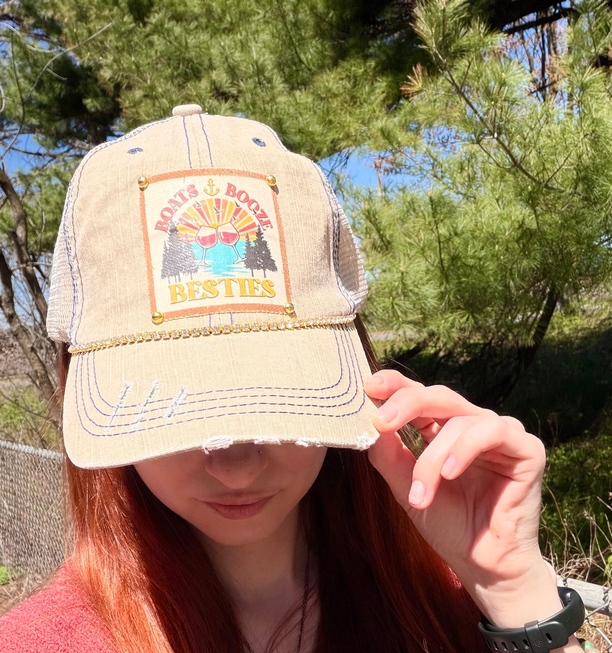 "Boats, Booze & Besties" Distressed Trucker Cap