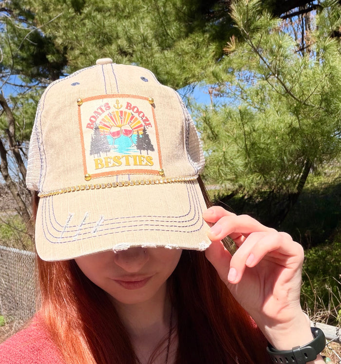 "Boats, Booze & Besties" Distressed Trucker Cap