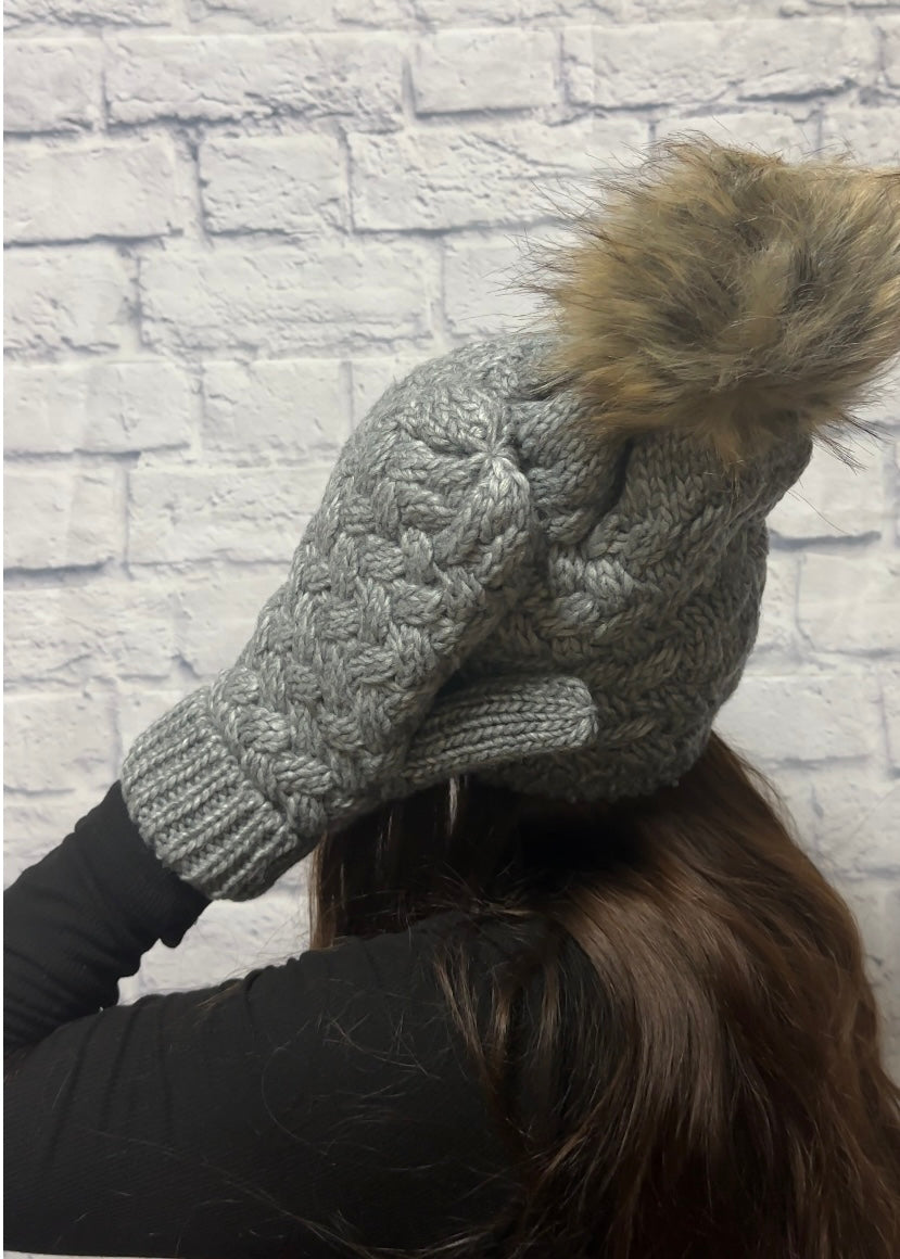 Grey Knit Hat & Mittens