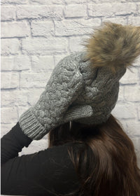 Grey Knit Hat & Mittens