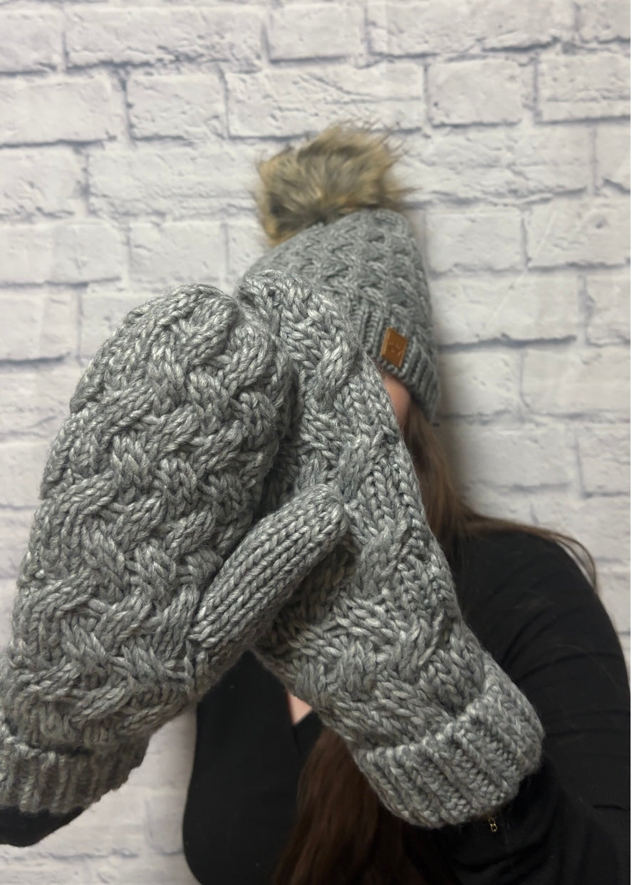 Grey Knit Hat & Mittens