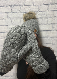 Grey Knit Hat & Mittens
