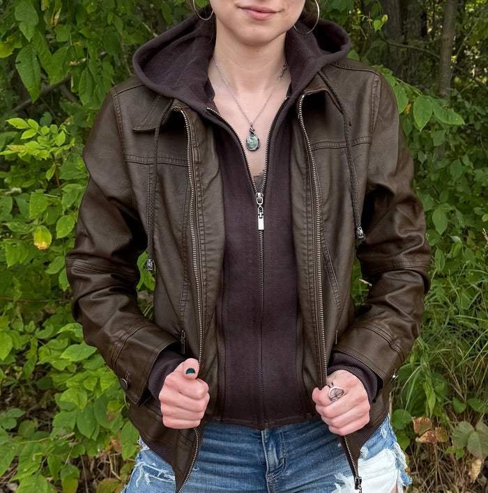 Faux Leather Hooded Jacket