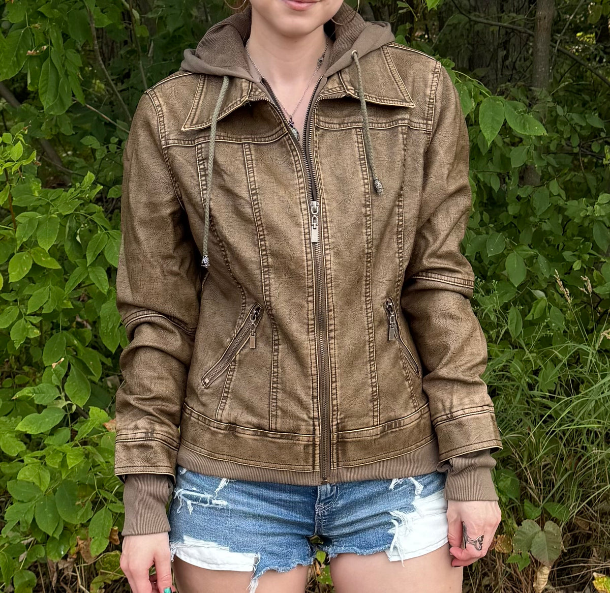 Faux Leather Hooded Jacket