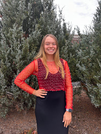 Sammie Sheer Pearl Long Sleeve Top - Red