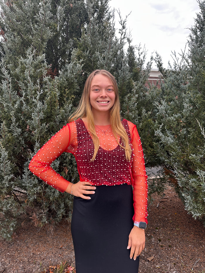 Sammie Sheer Pearl Long Sleeve Top - Red