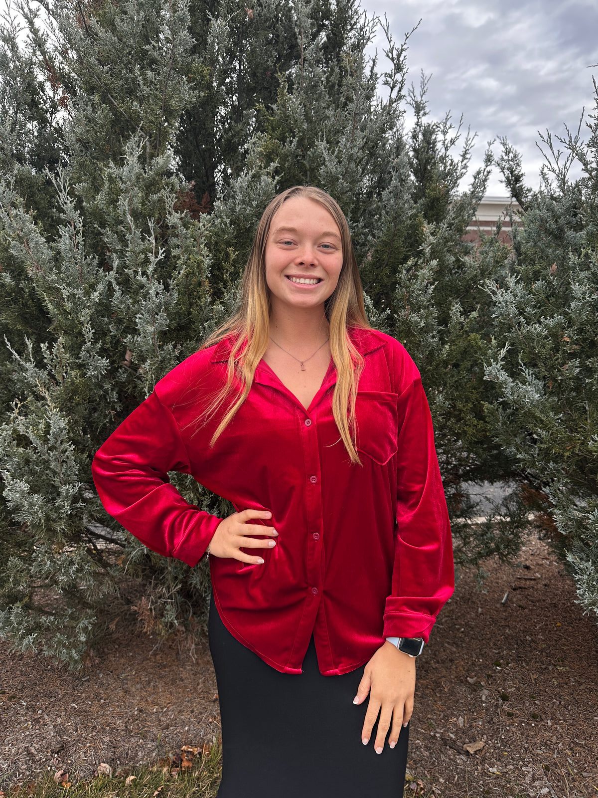 Melanie Velvet Button Down Top - Red