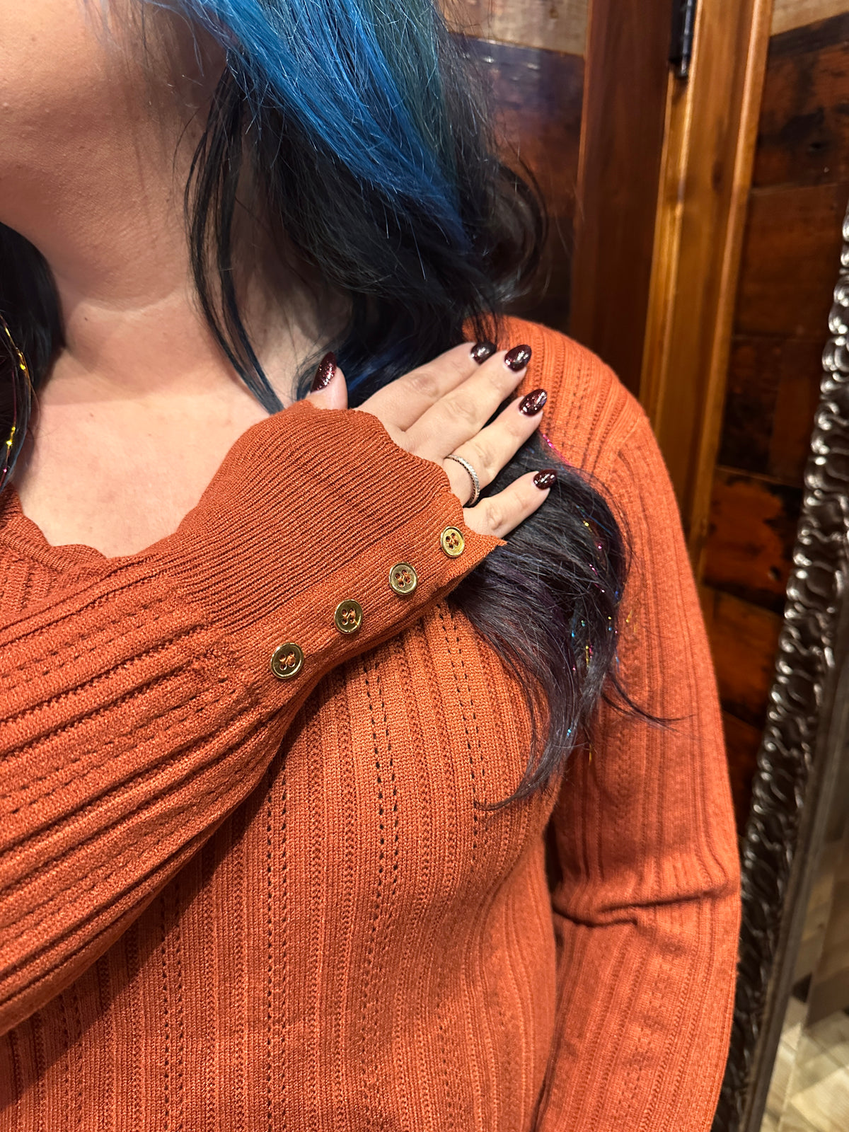 Analise Button Cuff Pointelle Knit Top