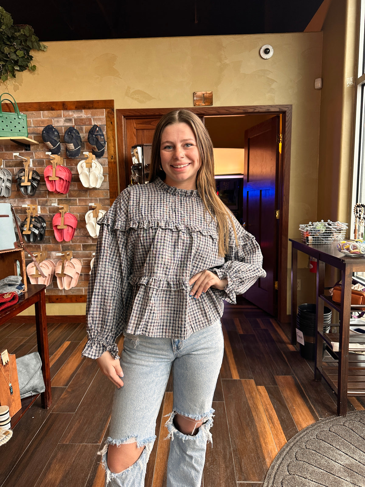 Carol Ruffled Plaid Print Top