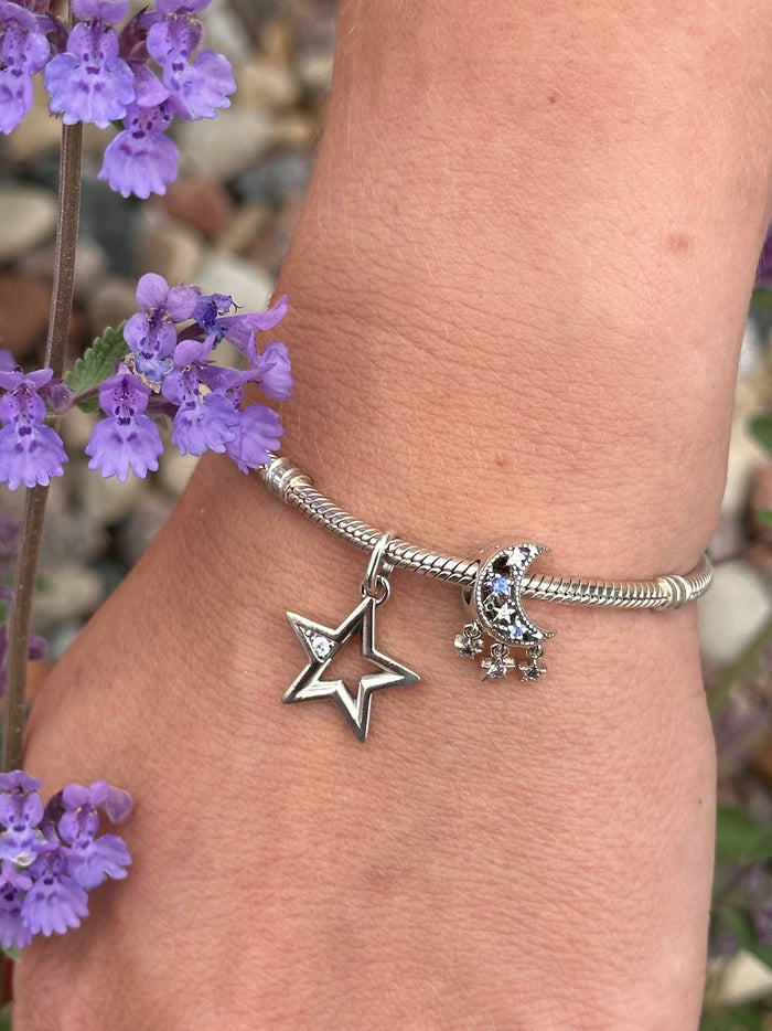 Moon and star sterling silver charm with stel