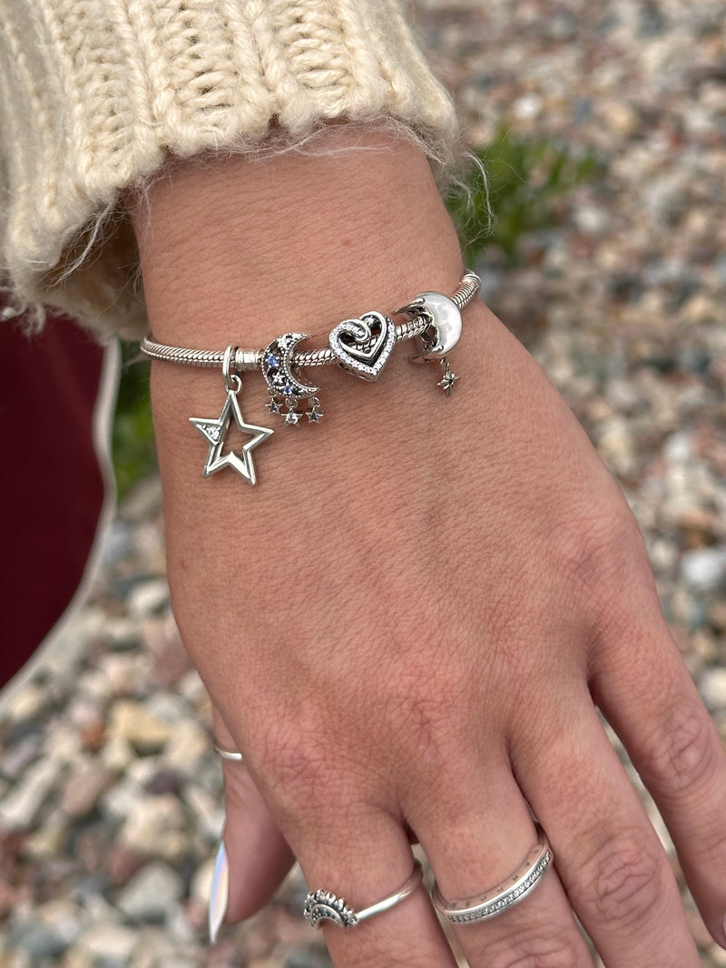Moon and star sterling silver charm with stel