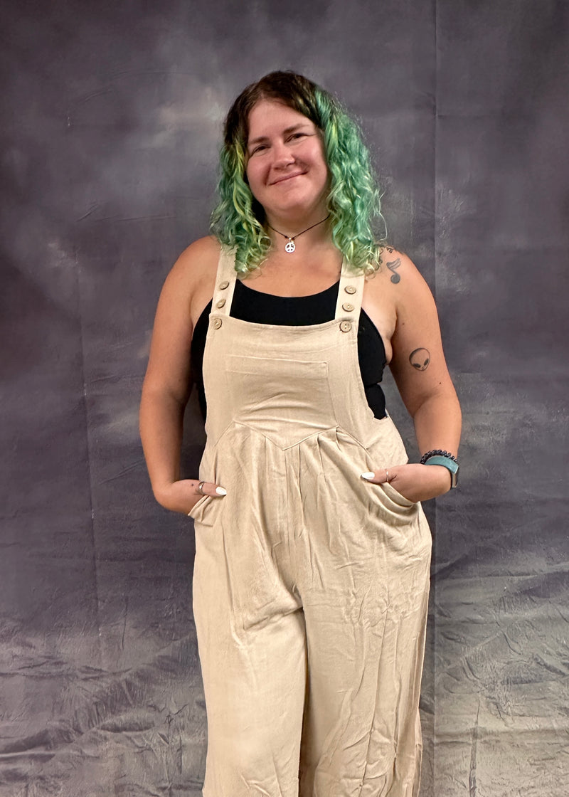 Esther Wide Leg Overall Jumpsuit - Beige