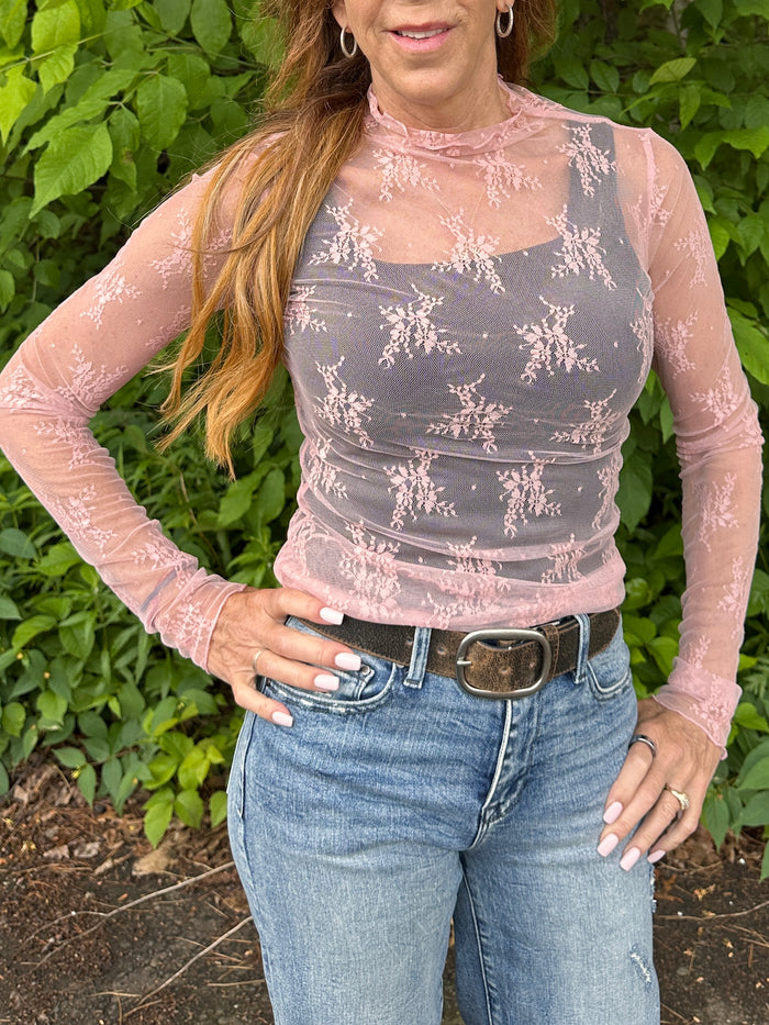 Cassia Mesh Lace Mock Neck Top - Pink
