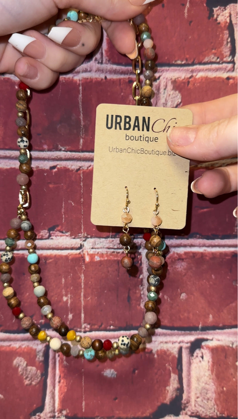 Gold Turquoise Brown Stone Bead Layer Necklace Set