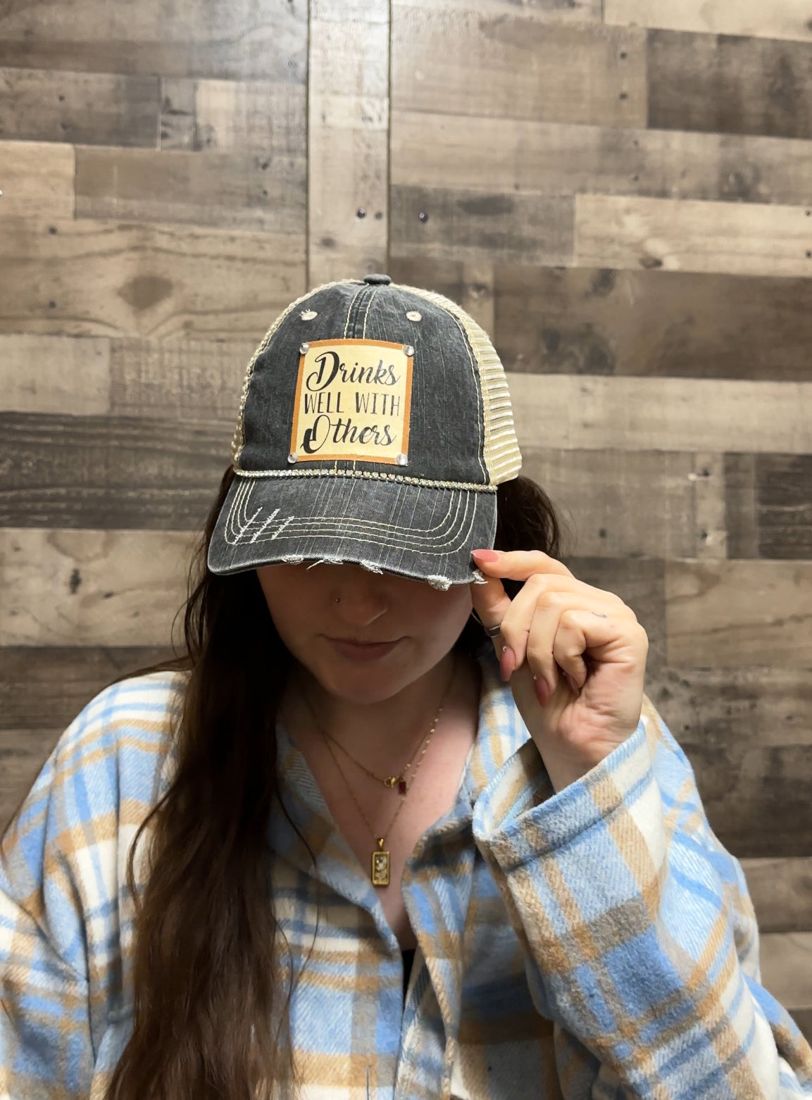 "Drinks Well With Others" Distressed Trucker Cap