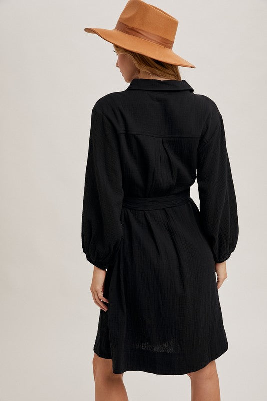 Jayden Tie Waist Shirtdress - Black