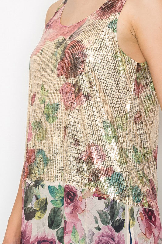 Joyce Rose Print Sequin Tank