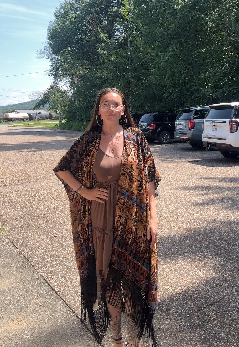 Juliette Mixed Print Fringe Trim Kimono
