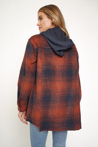 Kirsten Oversized Plaid Hooded Shacket - Burgundy