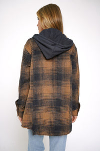 Kirsten Oversized Plaid Hooded Shacket - Tan