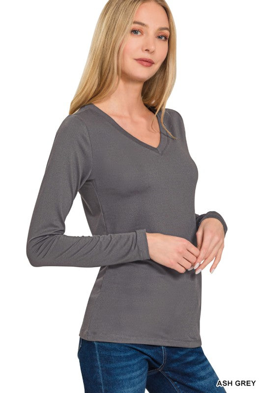 Kristy V-Neck Long Sleeve Top - Mahogany