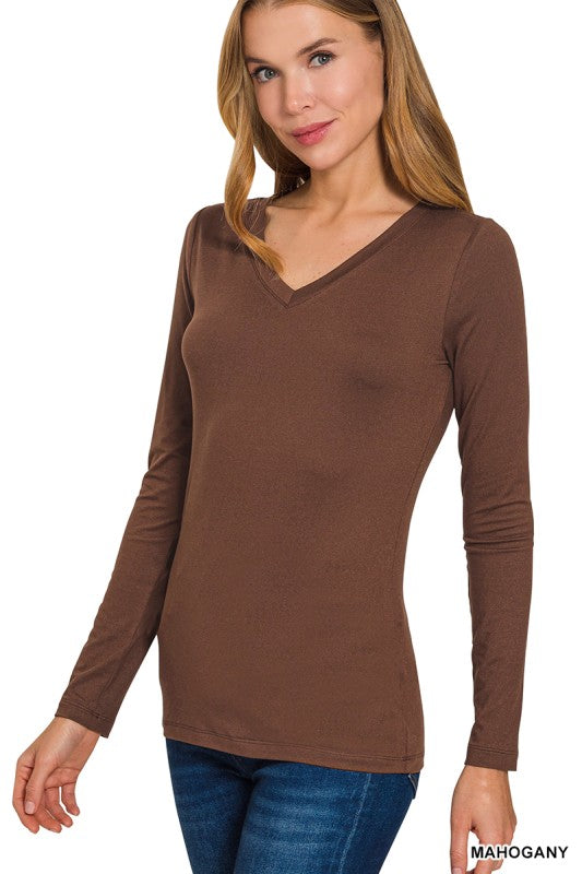 Kristy V-Neck Long Sleeve Top - Mahogany