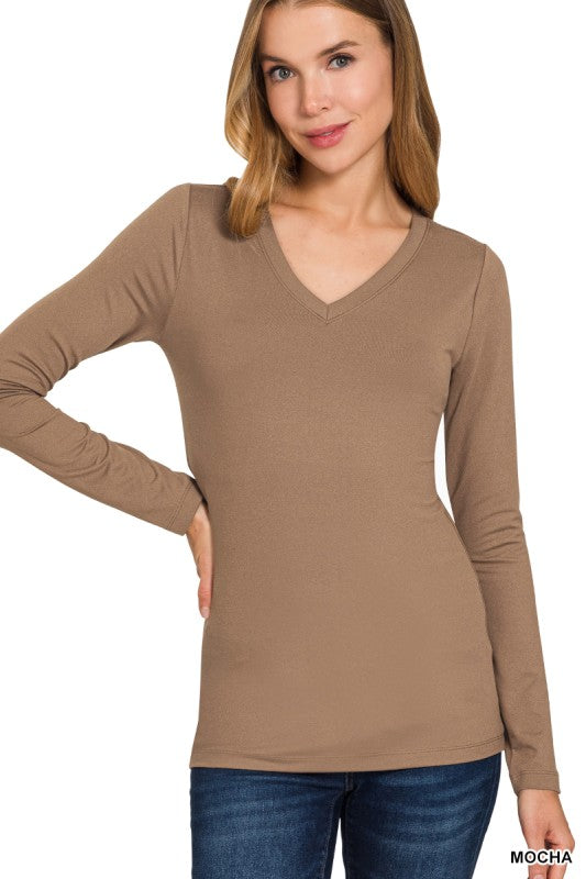 Kristy V-Neck Long Sleeve Top - Mahogany