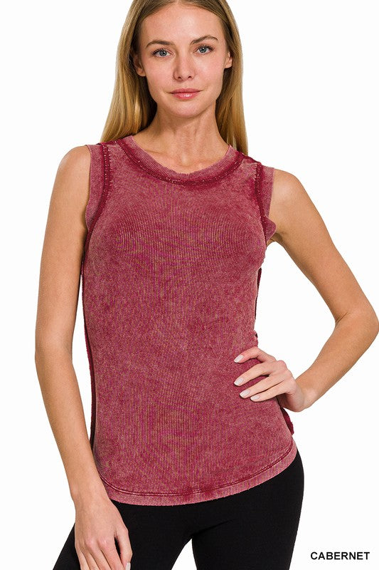 Kylie Washed Ribbed Knit Tank - Cabernet