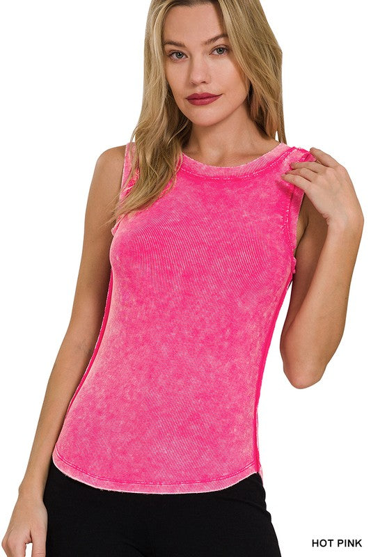 Kylie Washed Ribbed Knit Tank - Hot Pink