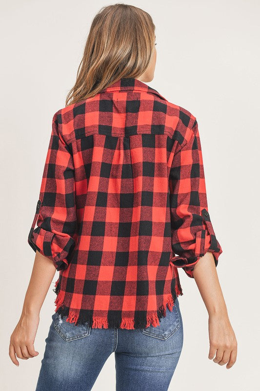 Leona Buffalo Plaid Frayed Hem Top - Red