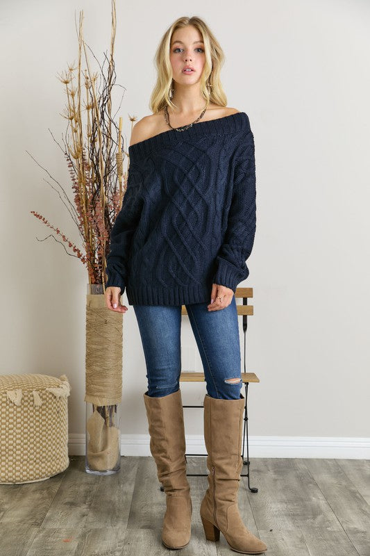 Lizzie Cable Knit Bardot Sweater - Navy