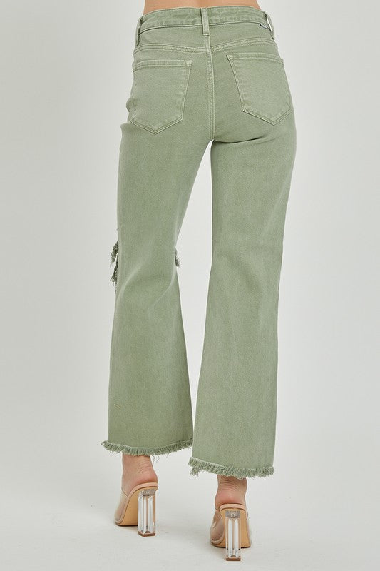 Lizzy Mid Rise Distressed Straight Leg Jeans - Olive