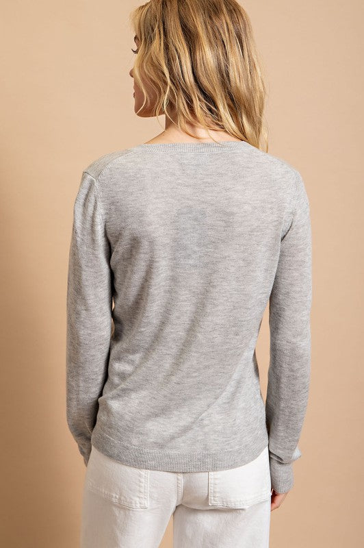 Lorelai V-Neck Sweater Top - Light Gray