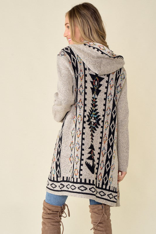 Lucille Aztec Print Hooded Cardigan - Oatmeal