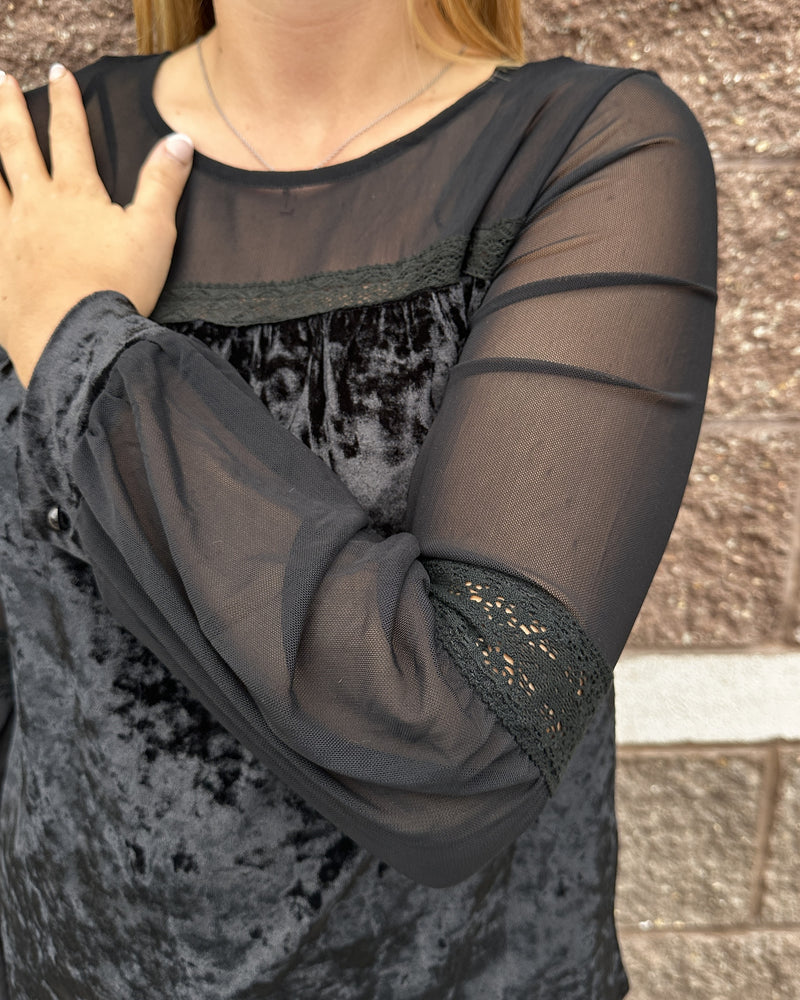 Maddy Mesh & Velvet Top - Black
