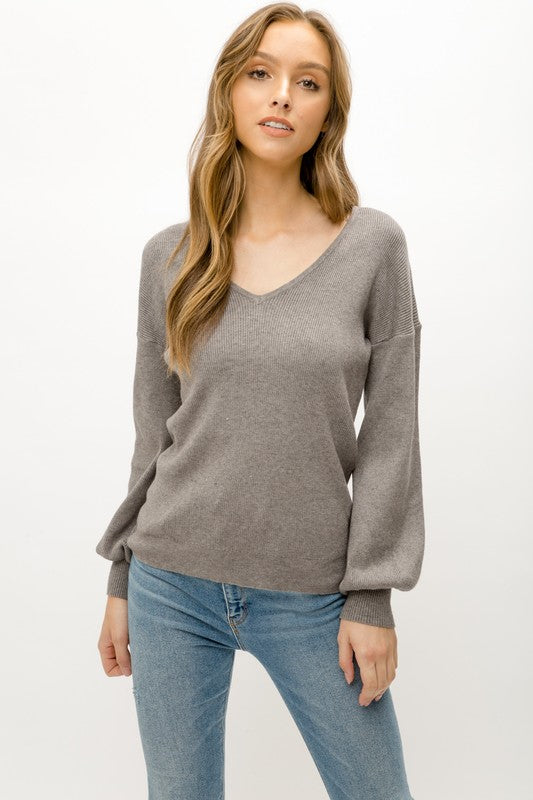 Maika Balloon Sleeve V-Neck Sweater - Gray