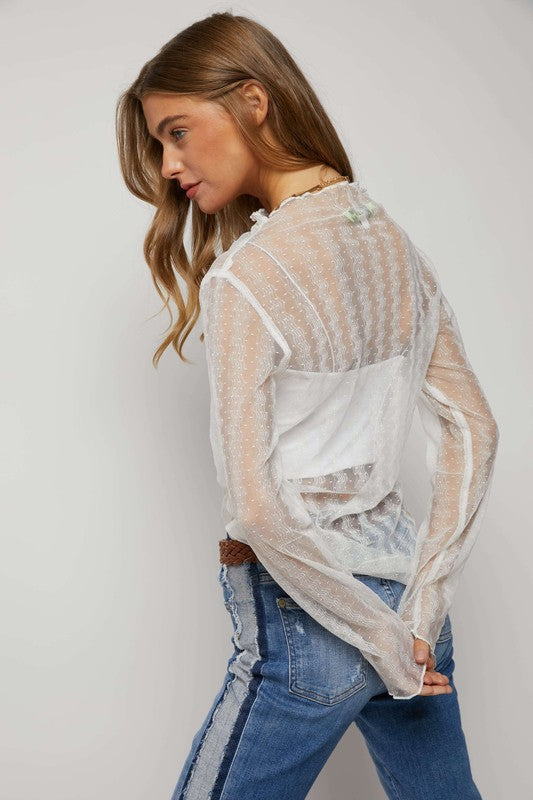 Mikayla Lacy Sheer Mock Neck Top - White
