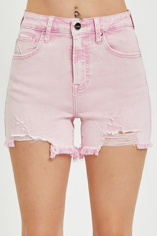 Molly Super High Rise Distressed Shorts - Acid Pink
