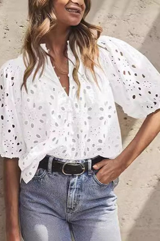 Molly Hollow Out Lantern Sleeve Top - White