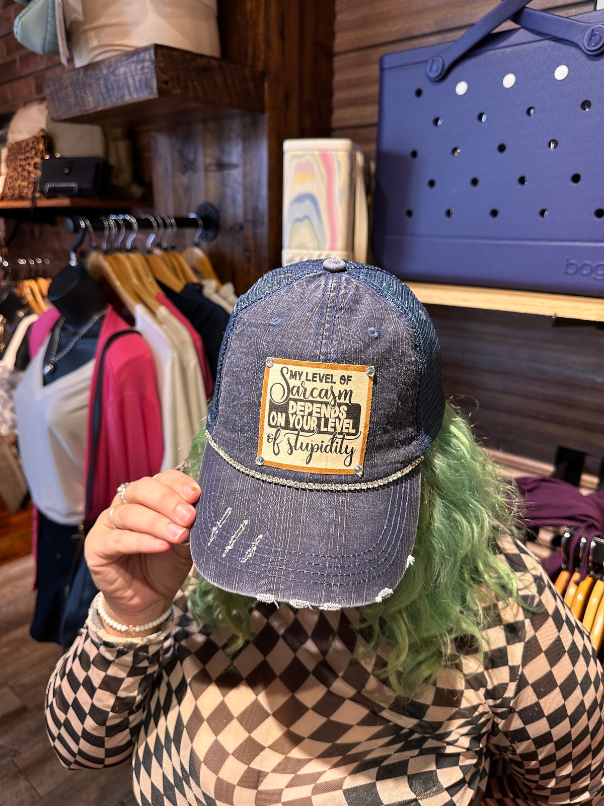 "My Level of Sarcasm" Distressed Trucker Cap