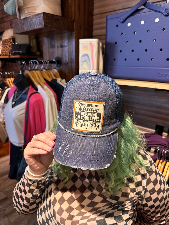 "My Level of Sarcasm" Distressed Trucker Cap