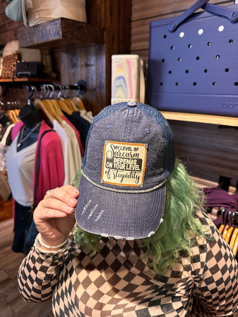 "My Level of Sarcasm" Distressed Trucker Cap