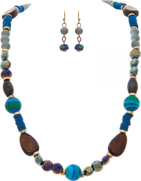 Gold Wood Glass Clay Bead Necklace Set