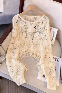 beige crochet lace sweater with fringe
