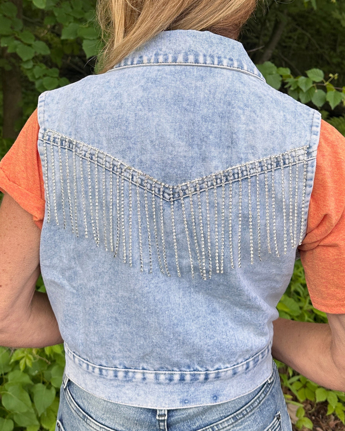 Noelle Rhinestone Fringe Denim Vest