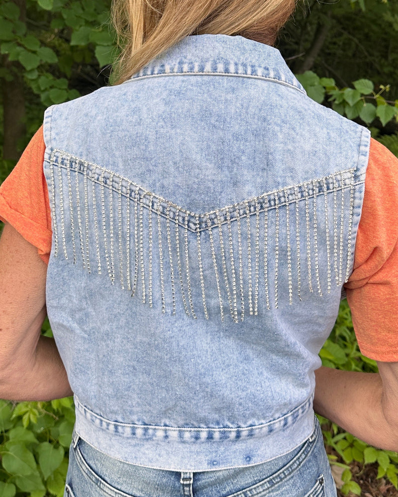 Noelle Rhinestone Fringe Denim Vest