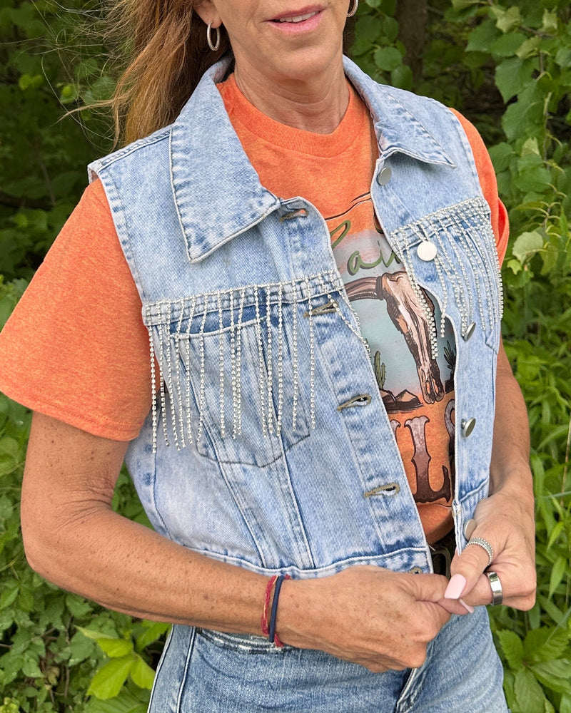 Noelle Rhinestone Fringe Denim Vest
