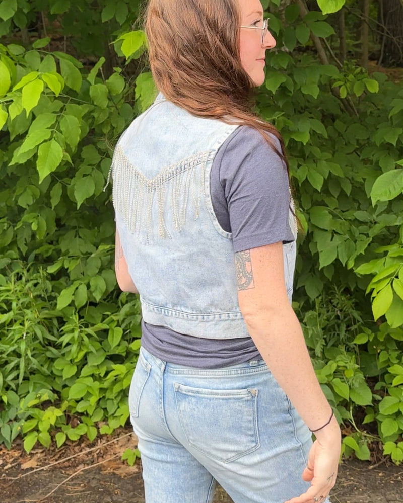 Noelle Rhinestone Fringe Denim Vest