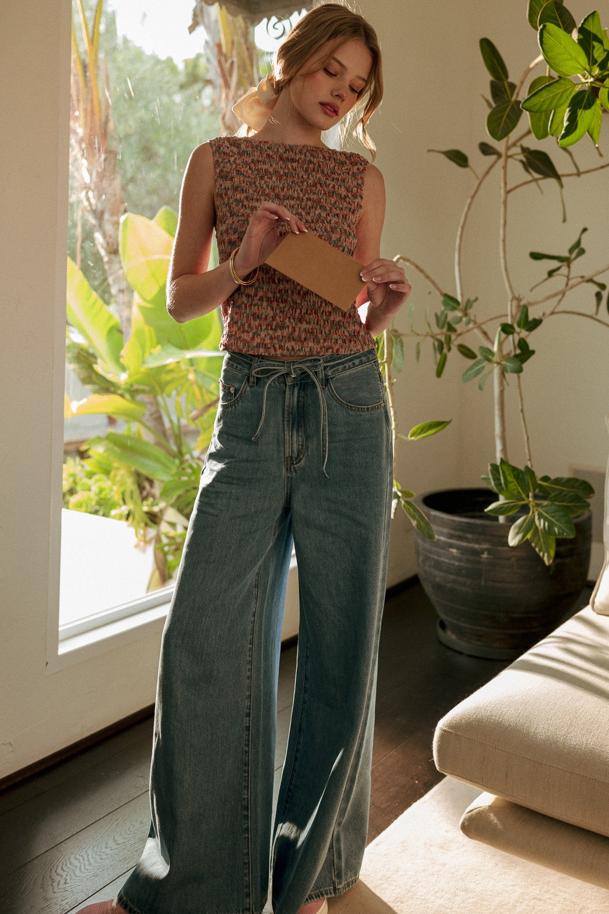 Tie Waist Wide Leg Denim Jeans